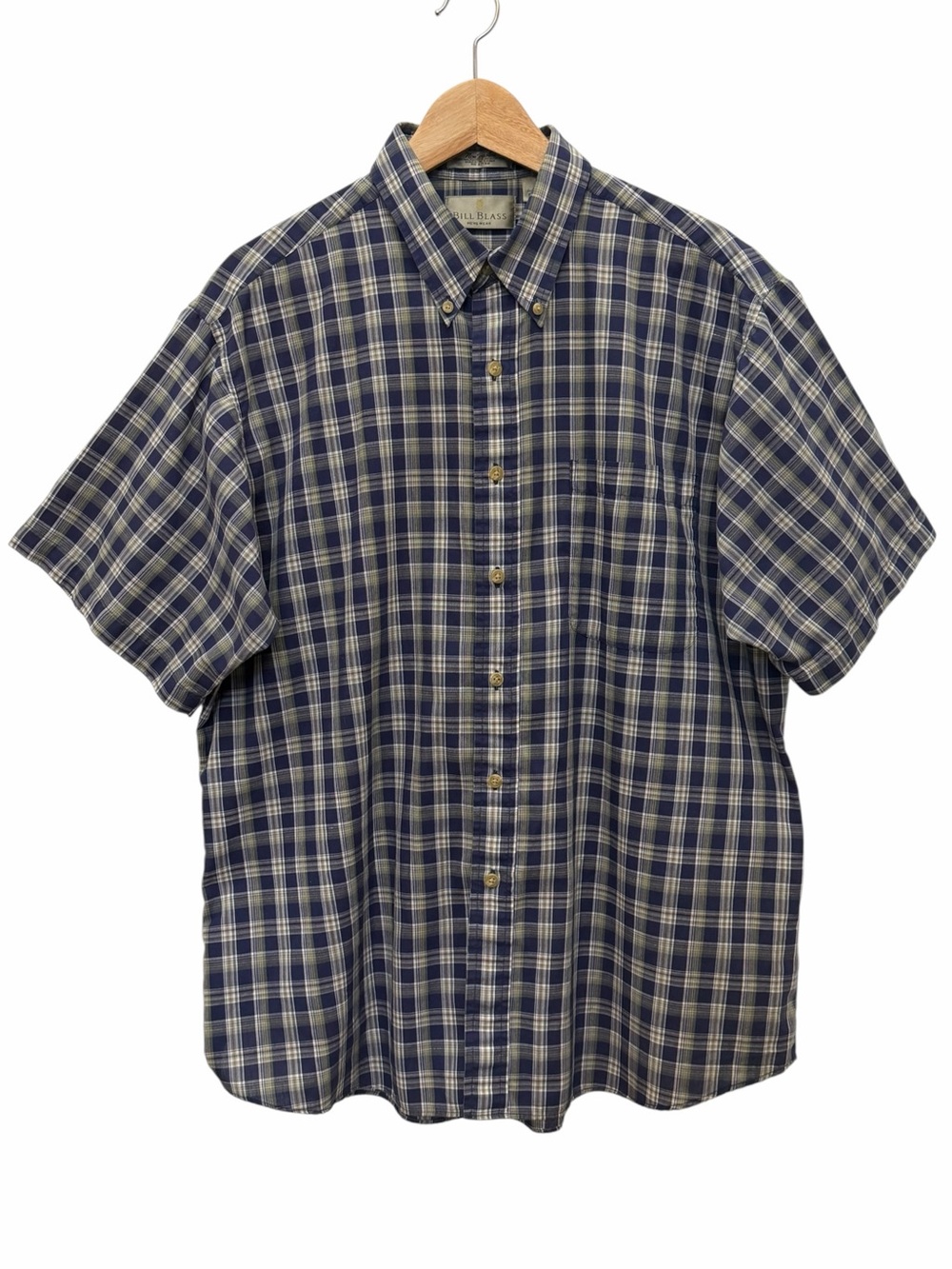 Bill Blass Mens Navy Olive Plaid Button-Down Short Slv Shirt Sz XL Nor'easter